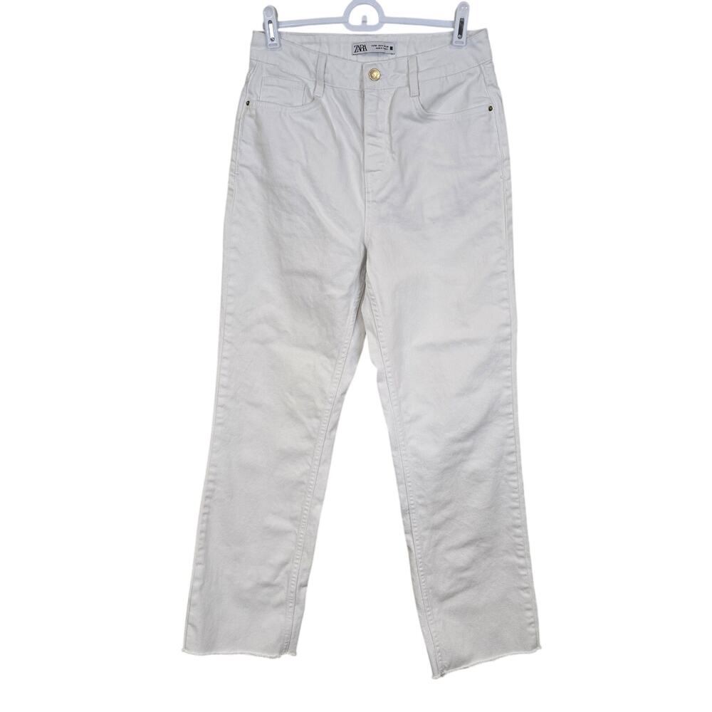 Women's Zara White Denim High Waist Jeans Raw Ankle Hems | Size 4
